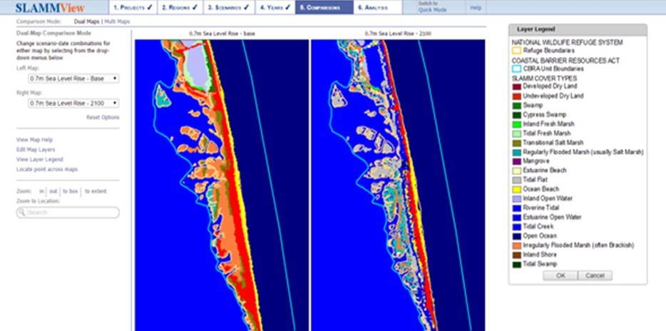 SLAMMView: An increase of 0.7 meters by 2100—predicted under the IPPC Scenario A1B Maximum—would transform coastal habitats. The above image depicts the current and projected habitat at Pea Island National Wildlife Refuge along the Outer Banks of North Carolina, an important nesting habitat for migratory birds.