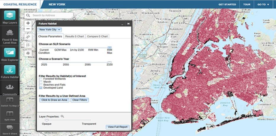 Coastal Resilience Mapping Portal: Highly exploratory “what-if” interfaces help policymakers and citizens understand potential futures. The above image shows flooded developed land (in black) in New York City under one “what-if” scenario, a hypothetical future that can be compared directly to past events, such as Hurricane Sandy.