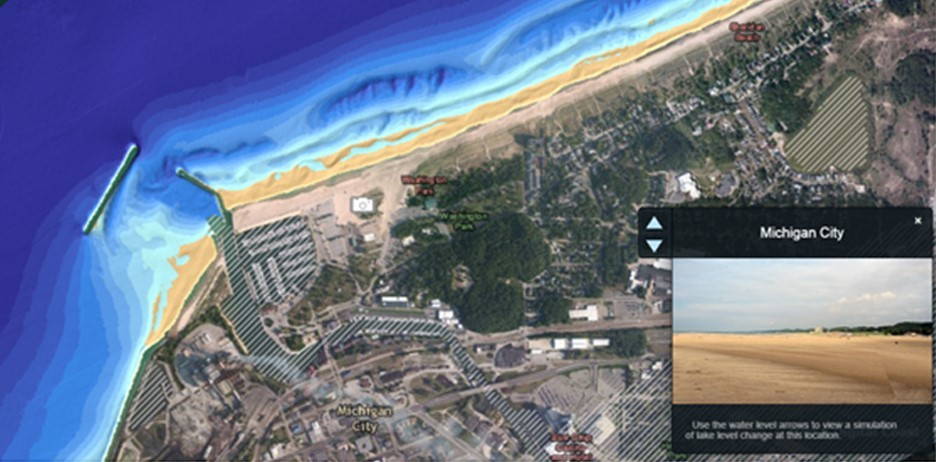 Lake Level Viewer: The potential decrease in future water levels across the Great Lakes will have a significant impact on coastal communities, as land exposure will require channel dredging and breakwater relocation to maintain marinas and ports, among other infrastructure and habitat concerns. The above image depicts an expanded beachline under a decrease of 6 feet near a marina in Michigan City, Indiana.