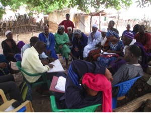 Community meeting discussing land-use planning and the trade-offs involved in protecting livestock movements through cropped areas in rural Senegal. Photo: Erin Kitchell.