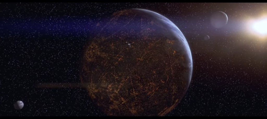 The city-planet of Coruscant. <a href="https://www.youtube.com/watch?v=oI9BhjVHLFw" target="_blank">Screenshot</a>.