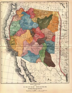 John Wesley Powell proposed a division of the American West into watersheds. From the <em>Eleventh Annual Report of the U.S. Geological Survey</em> (1878); digitized by <a href="http://www.aqueousadvisors.com/blog/regions/federal/powells-map-of-the-west/" target="_blank">Matthew Frank</a>.