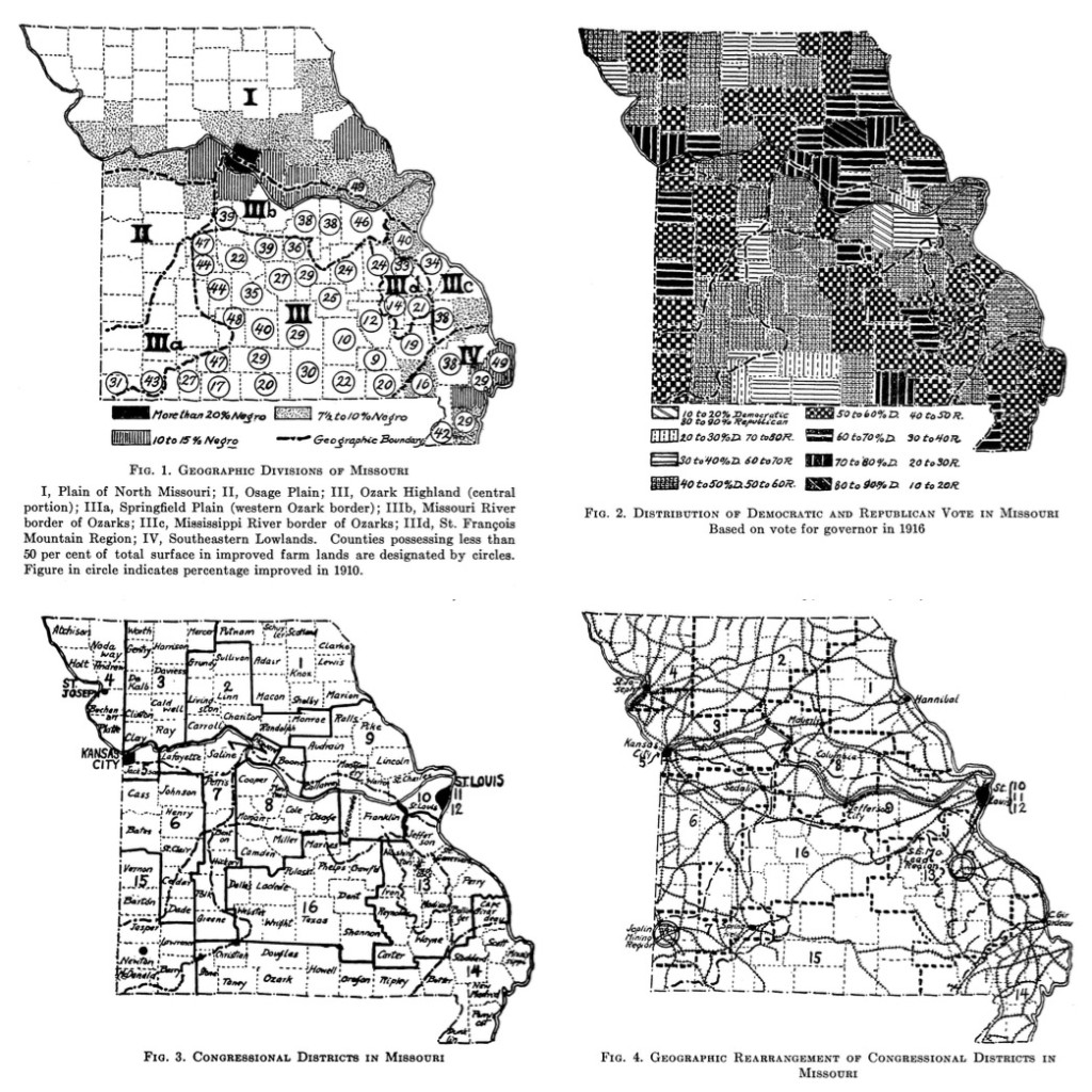 Maps of Missouri showing geographic and political divisions, from a 1918 <em>American Political Science Review</em> article by Carl Sauer.