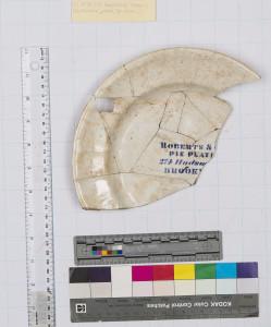 Ceramic plate circa 1860 from Roberts & Co. pie company, John Halpern, ES 1978.117.01.1, Empire Stores archaeology collection, New York State Office of Parks, Recreation, and Historic Preservation.