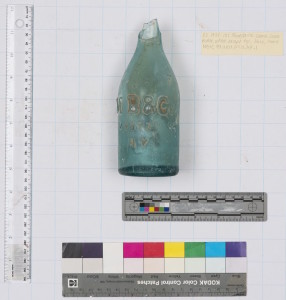 Glass bottle circa 1860 from M.B. & Co., John Halpern, ES 1978.151.03.1, Empire Stores archaeology collection, New York State Office of Parks, Recreation and Historic Preservation.