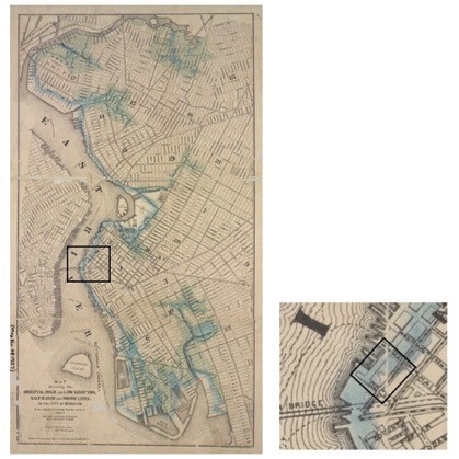 This 1876 map shows Brooklyn’s original waterline, with a detail of the block occupied by the Empire Stores. Water Street, the eastern boundary of the Empire Stores block, is approximately located along the ancient water line. Brooklyn Board of Health, “Map showing the original high and low grounds, salt marsh and shore lines in the city of Brooklyn,” 1876; New York Public Library.