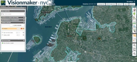 Visionmaker NYC—an interactive map that allows users to create and share sustainable designs of future Manhattan—toggles between views of historic and contemporary New York City. This screenshot shows Brooklyn’s shoreline in 1609 (light blue) in relationship to the contemporary footprint. Screenshot of Visionmaker NYC.