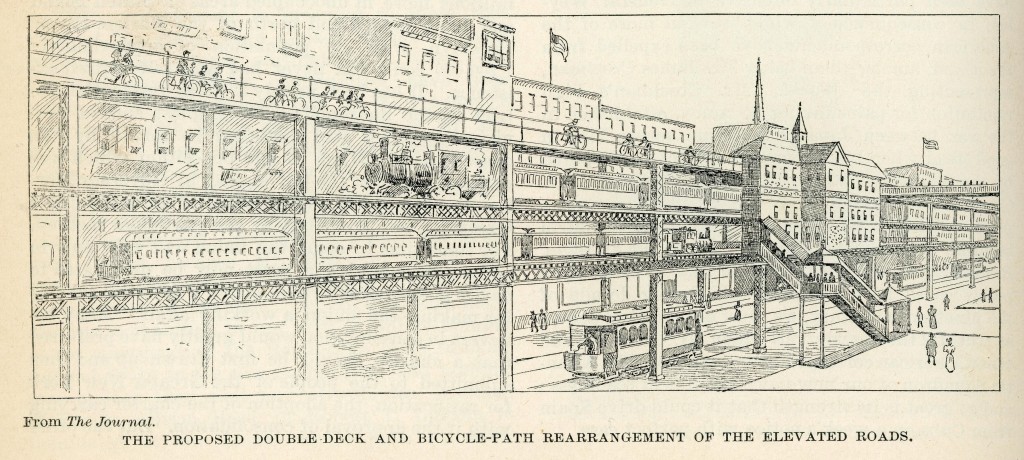 Drawing of an elevated bike lane over a train line. Review of Reviews, 1896. Public domain image.