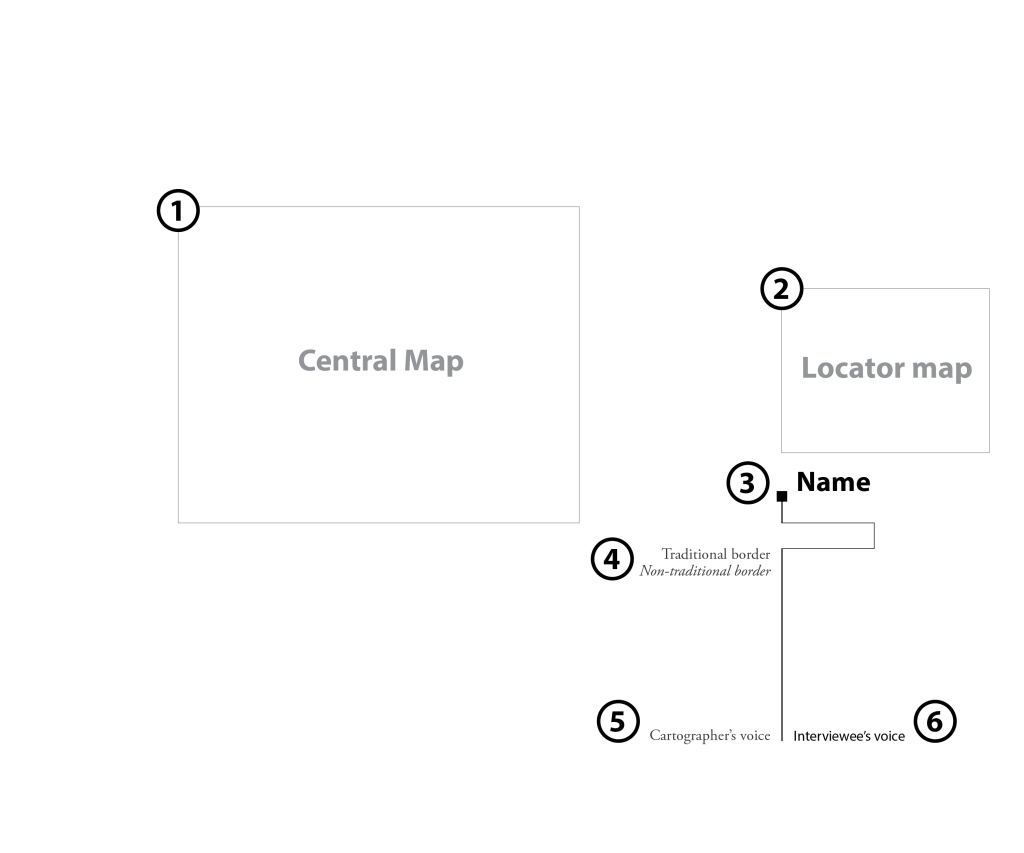 Figure 3: Schematic of map layout and design. Follow the numbering through each iteration in the map series. By Meghan Kelly.
