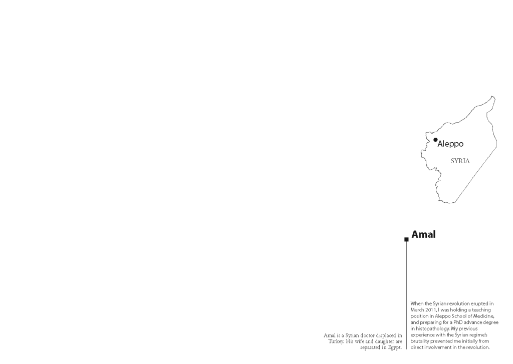 Figure 4: The first map in Amal’s series serves as an introduction to his story. I introduce Amal to the left of the dividing line and Amal introduces himself to the right of the dividing line. By Meghan Kelly.