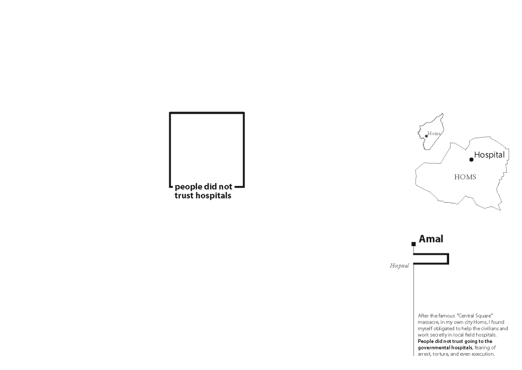 Figure 5: The second map in Amal’s series introduces the first border—the walls of the hospital—discussed in Amal’s story. By Meghan Kelly.