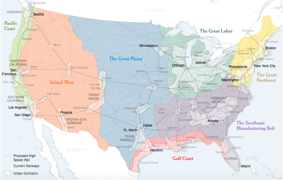 A New Map For America. Image from The New York Times, April 15, 2016. Map by The New York Times and Clare Trainor, University of Wisconsin-Madison Cartography Lab. Originally produced for the book Connectography.