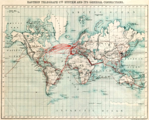 The Eastern Telegraph Co.: System and its general connections. Chart of submarine telegraph cable routes, showing the global reach of telecommunications at the beginning of the 20th century. Image courtesy of A.B.C. Telegraphic Code 5th Edition, via Atlantic-cable (Wikimedia Commons).