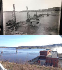 Top: Building the coffer dam, 1911. Photo: Frank Eberhart, Courtesy of the Wisconsin Historical Society. Bottom: Prairie Du Sac dam looking Northeast, 2016. Photo: Rob Lundberg.