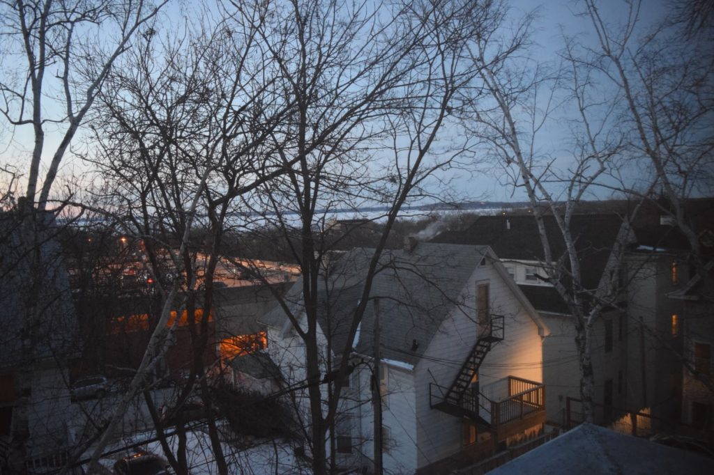 Fig. 2. View from enclosed area on third floor of Robert Lamp House (1903), formerly a roof garden, looking northeast toward Lake Mendota. The view sill affords some glimpses of the lake, which Wright intended to bring nature into the home. Photo by Chris Slaby, February, 2016.