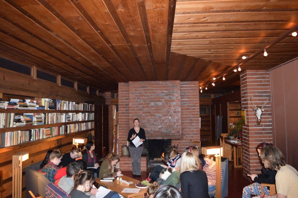 Fig. 4. Interior view of the first Usonian house, the first Herb and Katherine Jacobs House (1936) in Madison, during our class discussion in the home. The home has been carefully restored according to Wright’s specifications. Photo by Chris Slaby, February, 2016.
