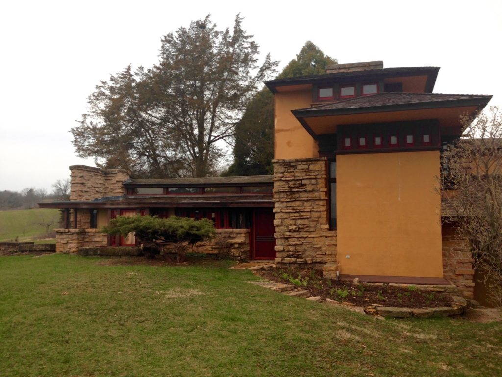 Fig. 1. View of southeast elevation of office wing at Taliesin, Frank Lloyd Wright’s home and studio, near Spring Green, WI. What exists today is the third iteration of the building after fires destroyed the first two structures. Photo by Stephanie Klem, March, 2016.