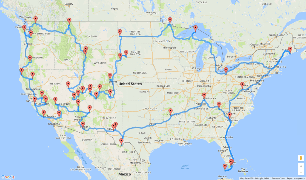 For the truly dedicated, Randy Olson created the Optimal US National Parks Centennial Road Trip, where you can visit all of the national parks in the continental US. Map route by Randy Olson.