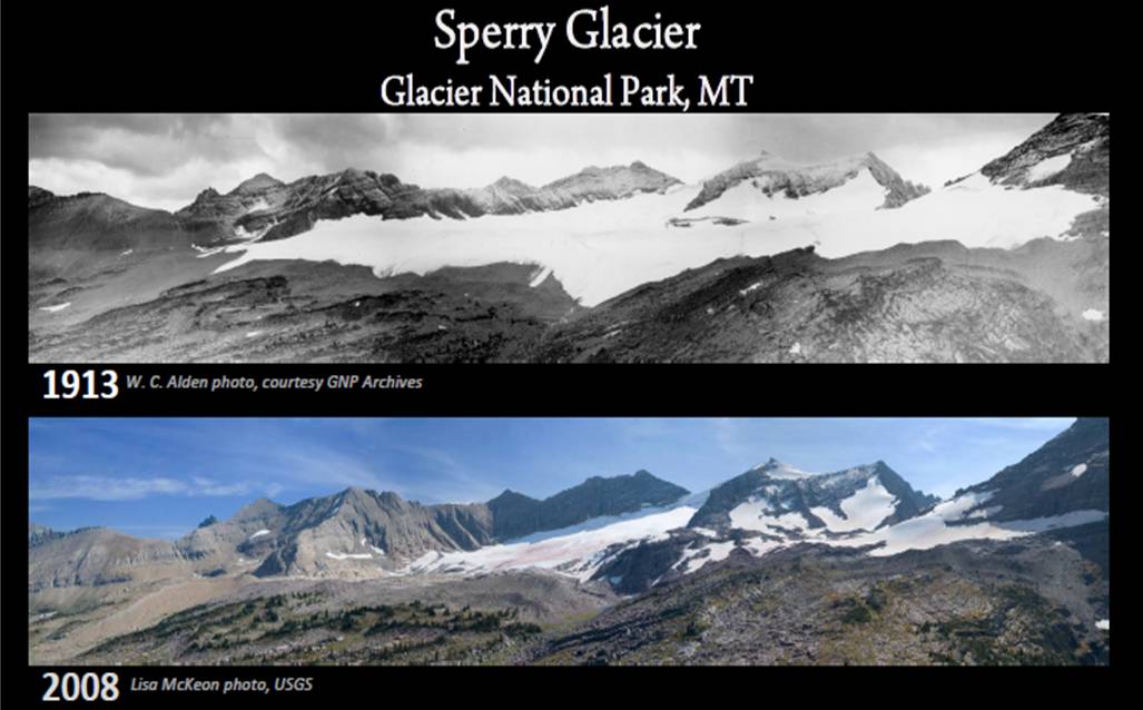 Comparison photos showing the Sperry Glacier in 1913 and 2008. From the U.S. Geological Survey/Glacier National Park.