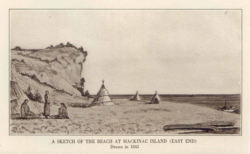 A beach in the Michilimackinac as it appeared in the mid-19th century, before developers moved in. Public domain image.