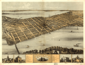 Birds’-eye views of a city are commonplace in mid-nineteenth century maps like this one. What might this perspective reveal about the mapmakers goals? Madison, Wisconsin, 1867. Source: Library of Congress.