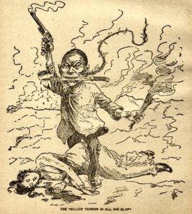 “The yellow terror in all his glory.” One of many racist, anti-Chinese political cartoons produced in the 1800s. Image from Wikimedia Commons.