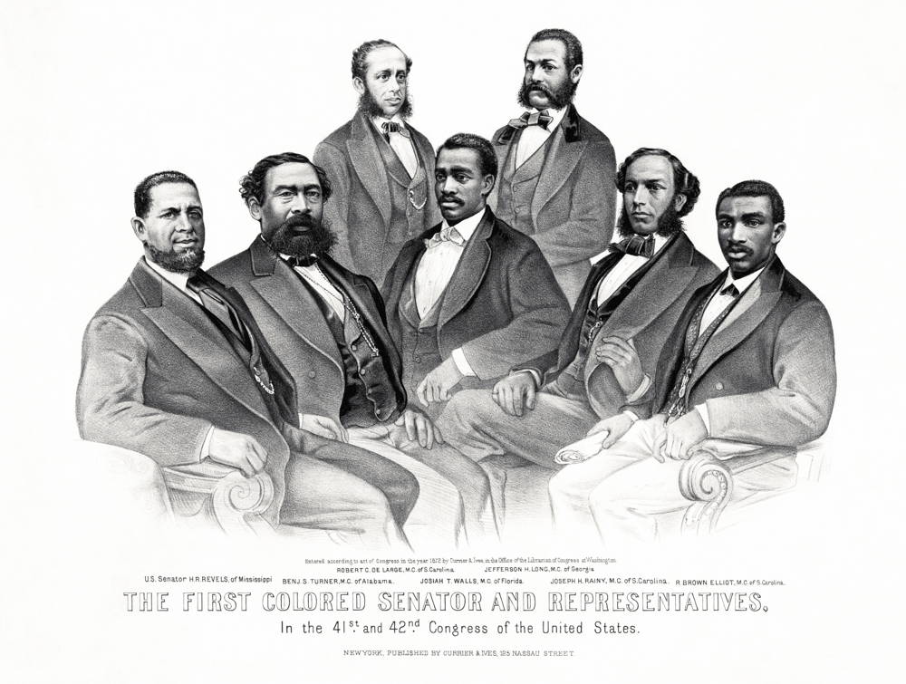 A drawing of seven men (Hiram Revels, Ben Turner, Robert De Large, Josiah Walls, Jefferson Long, Joseph Rainy, and R. Brown Elliot) labeled "The First Colored Senator and Representatives," who are dressed formally and facing the viewer.