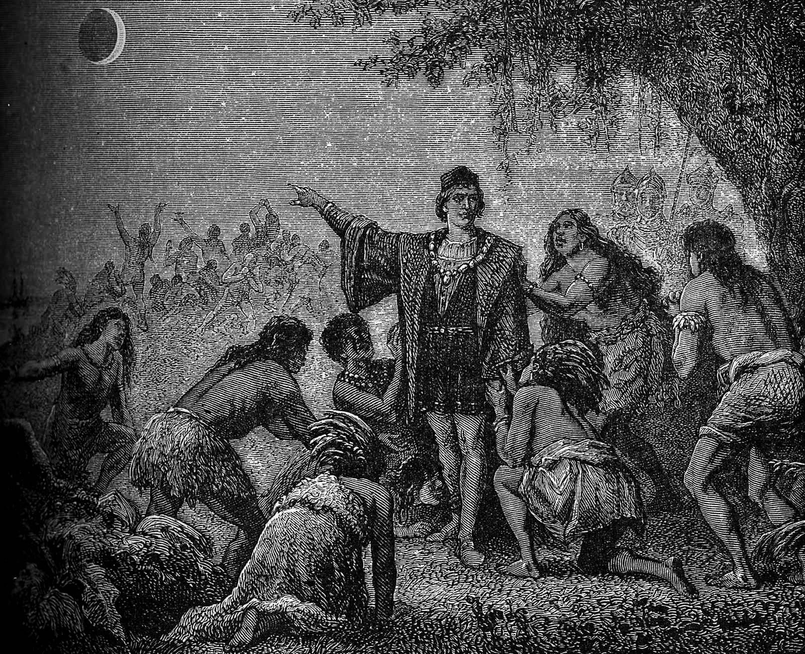 A man in Western dress points at the moon during an eclipse while indigenous people surround him.