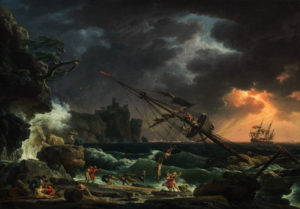 Oil on canvas. A masted ship tipped on its side while its passengers flee to shore.