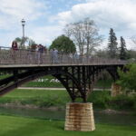 The group walks the bridge over the Galena River in Illinois, formerly the site of major trade and shipping. Photo by Nathan Jandl. Galena bridge