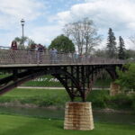 The group walks the bridge over the Galena River in Illinois, formerly the site of major trade and shipping. Photo by Nathan Jandl. Galena bridge