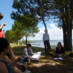 International graduate student group discussing art, science and interdisciplinary at SARAS (South American Institute for Resilience and sustainability Studies), Uruguay (far right, Jojin Van Winkle, second from right Sigrid Peterson). Photo by Helen J. Bullard, 2015. International graduate student group discussing art, science and interdisciplinary at SARAS (South American Institute for Resilience and sustainability Studies), Uruguay (far right, Jojin Van Winkle, second from right Sigrid Peterson). Photo by Helen J. Bullard, 2015.