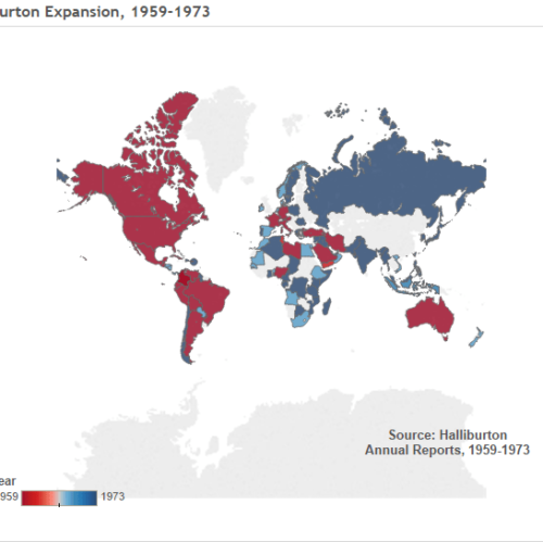 Halliburton’s involvement on international oilfields continued to grow in the years leading up to and even during the energy crisis of the 1970s. As historian Betsy Beasley has argued, this map complicates what politicians have termed “energy independence:” American firms, especially oilfield services companies, have made tremendous profits whether oil is drilled in the U.S. or not. For example, in 1973, Halliburton was adding more and more locations all over the world, even as the oil crisis loomed. Some of these new clients included OPEC member nations, like Algeria and Iraq. So not only was the company expanding to new locales—it was making much more money while it did so, because of—not in spite of—OPEC’s actions and the rise in global oil prices.