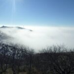 Adam Behrman, Boise, Idaho, 2014. Idahoans escape the gloom of winter by crossing this meteorological boundary. Temperatures can be 50 degrees warmer above the inversion, visible here in the cold, saturated air below. Clouds settle down the mountainsides in the background. A clear field with trees is visible in the foreground.