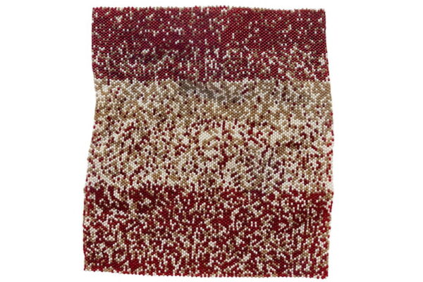 Kéyah II. Glass Beads, Cotton 14” x 16”, 2018. Glass beadwork on cotton in red and beige stripes