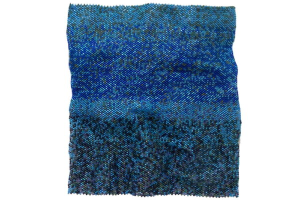 Kéyah I. Glass Beads, Cotton 14” x 16”, 2018. Glass beadwork on cotton in turquoise and dark blue stripes