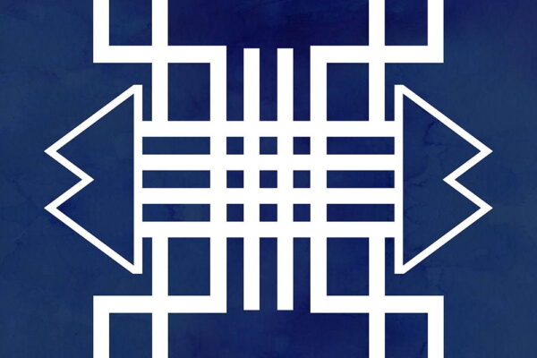 Naʼashchʼąąʼ IV. Cyanotype/Digital Media, 2018. White geometric form on dark blue background