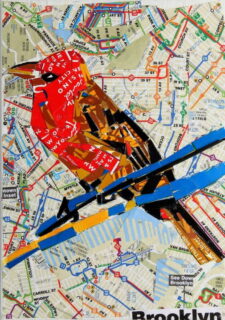 Scarlet tanager. From "A Manifesto about Migration, Freedom, and Diversity." Pinto, 2019. Red bird on blue twig. Collage made from MetroCards.