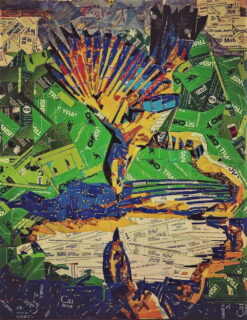 "Water is Life." From "A Manifesto about Migration, Freedom, and Diversity." Pinto, 2019. A hawk drinks from a lake. Collage made from MetroCards