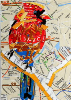 Northern cardinal. From "A Manifesto about Migration, Freedom, and Diversity." Pinto, 2019. Red bird on a yellow branch. Collage from MetroCards.