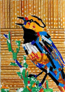 Eastern bluebird. From "A Manifesto about Migration, Freedom, and Diversity." Pinto, 2019. Bluebird on a leafy twig. Collage made from MetroCards