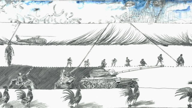 Detail of Place as Palimpsest / Yon kote tankou Palimpseste, 2017. 30 feet x 43 inches. Graphite, conté-crayon, and watercolour on 140 lb. cold-pressed watercolor paper. At the top a helicopter flies over a tank tunneling through the earth. Various armed persons and roosters are spaced above and below the tank.