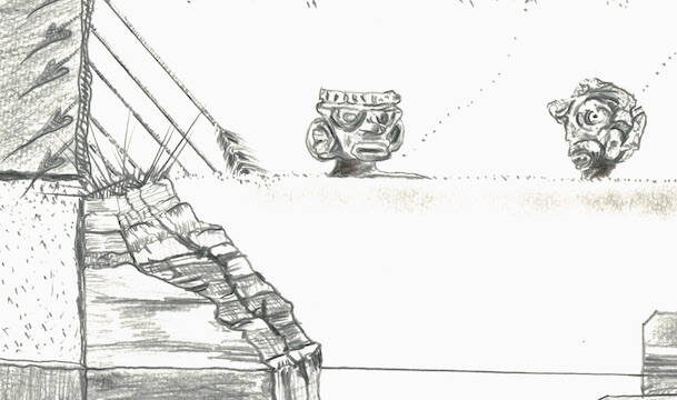 Detail of Place as Palimpsest / Yon kote tankou Palimpseste, 2017. 30 feet x 43 inches. Graphite, conté-crayon, and watercolour on 140 lb. cold-pressed watercolor paper. The grids at the top are full of growing plants. Other grids include stairs, Indigenous icons, and bones.