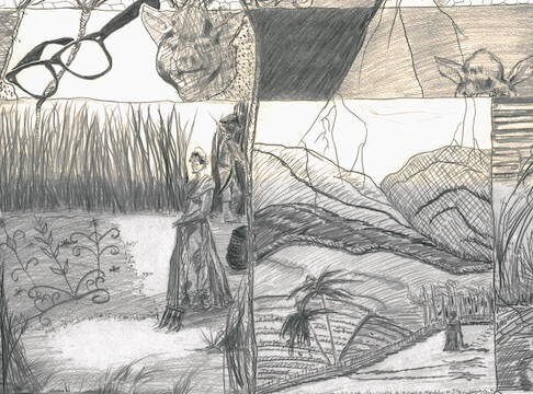 Detail of Place as Palimpsest / Yon kote tankou Palimpseste, 2017. 30 feet x 43 inches. Graphite, conté-crayon, and watercolour on 140 lb. cold-pressed watercolor paper. Two bacteria at the top of the panel burrow into the ground past a pair of glasses, a woman, and stones.