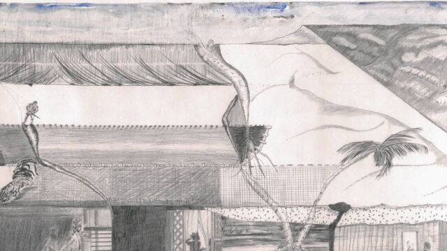 Detail of Place as Palimpsest / Yon kote tankou Palimpseste, 2017. 30 feet x 43 inches. Graphite, conté-crayon, and watercolour on 140 lb. cold-pressed watercolor paper. A grid of scenes moves from agriculture, to a barrell, to a domestic space, to a palm tree.