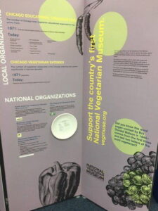 Part of the National Vegetarian Museum exhibit. Photo courtesy of Kay Stepkin. Placard with information about vegetarian organizations from the National Vegetarian Museum