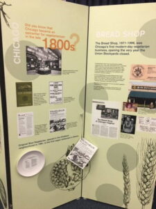 Part of the National Vegetarian Museum exhibit. Photo courtesy of Kay Stepkin. Placard with information about vegetarian history in Chicago from the National Vegetarian Museum