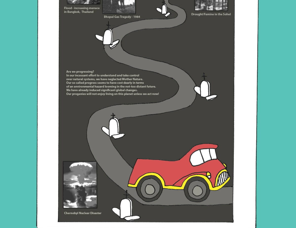 An untitled panel featuring images from Chernobyl, Bhopal, and other scenes of disaster documents the costs of “progress.” A truck is pictured driving down a steeply curving road with piles of tombstones placed at every bend. Image by Eden Kinkaid, 2020. Truck drives down dark road lined with tombstones