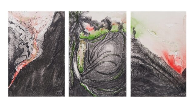 Volcano Triptych 1/21 from Quiet as drawings, 2021. Three watercolor drawings of volcano and woman standing next to volcano