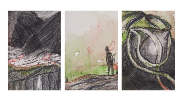 Volcano Triptych 2/21 from Quiet as drawings, 2021. Three watercolor drawings of volcano and woman standing next to volcano